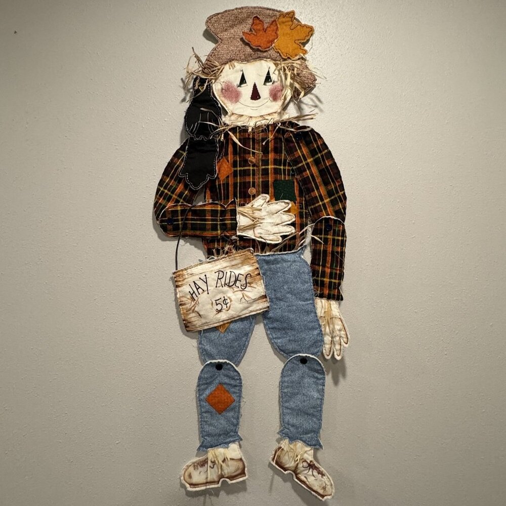 Handmade Vintage 48" Scarecrow Wall Decor Fabric Plaid Denim Articulated Hayride